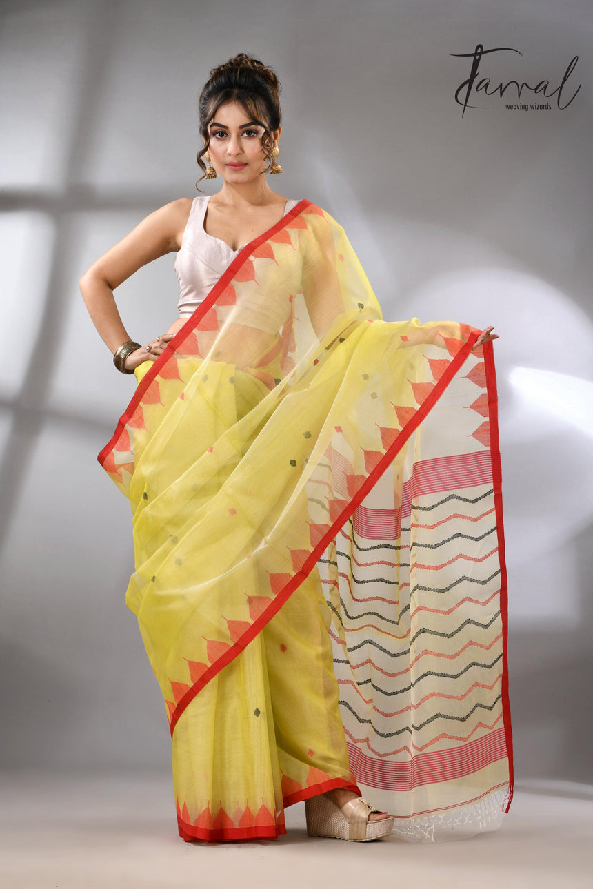 Lemon Yellow with red temple border muslin silk handwoven neddle work jamdani saree - Tamal Boutique
