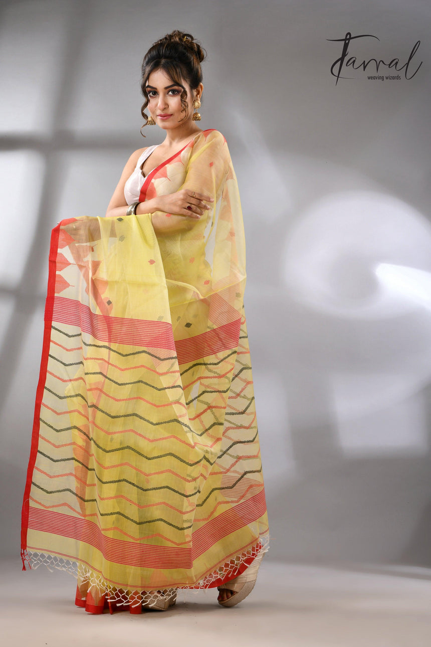 Lemon Yellow with red temple border muslin silk handwoven neddle work jamdani saree - Tamal Boutique