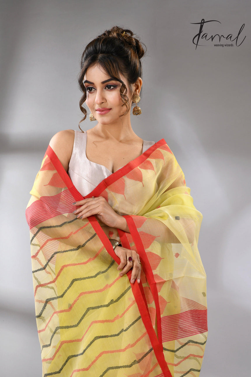 Lemon Yellow with red temple border muslin silk handwoven neddle work jamdani saree - Tamal Boutique