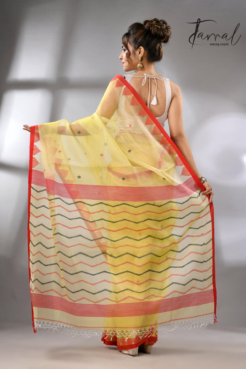 Lemon Yellow with red temple border muslin silk handwoven neddle work jamdani saree - Tamal Boutique