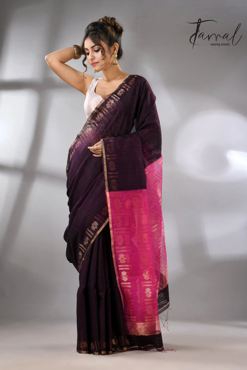 Dualtone black with hot pink pallu Matka silk handwoven jamdani saree - Tamal Boutique