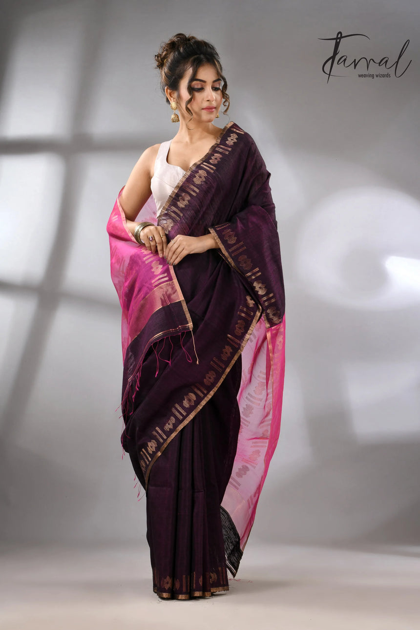 Dualtone black with hot pink pallu Matka silk handwoven jamdani saree - Tamal Boutique