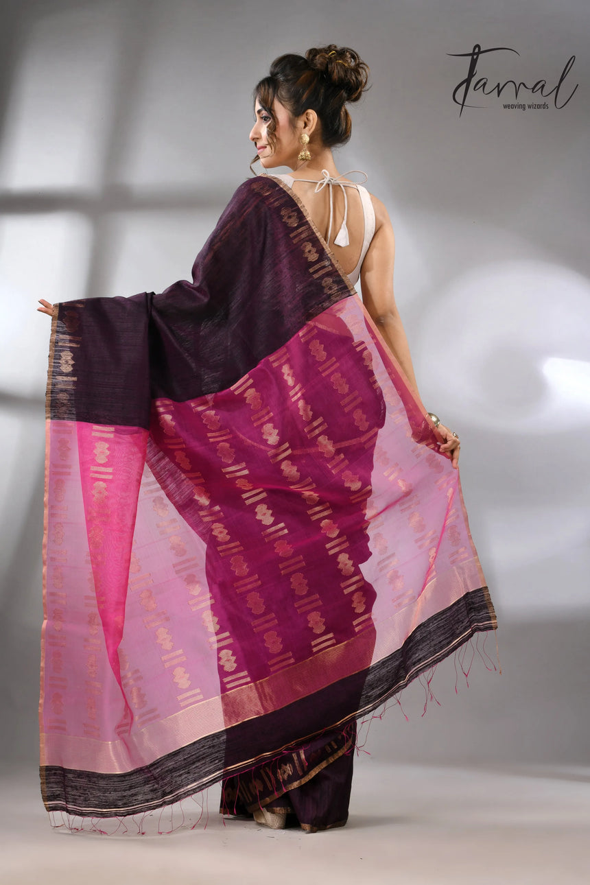 Dualtone black with hot pink pallu Matka silk handwoven jamdani saree - Tamal Boutique