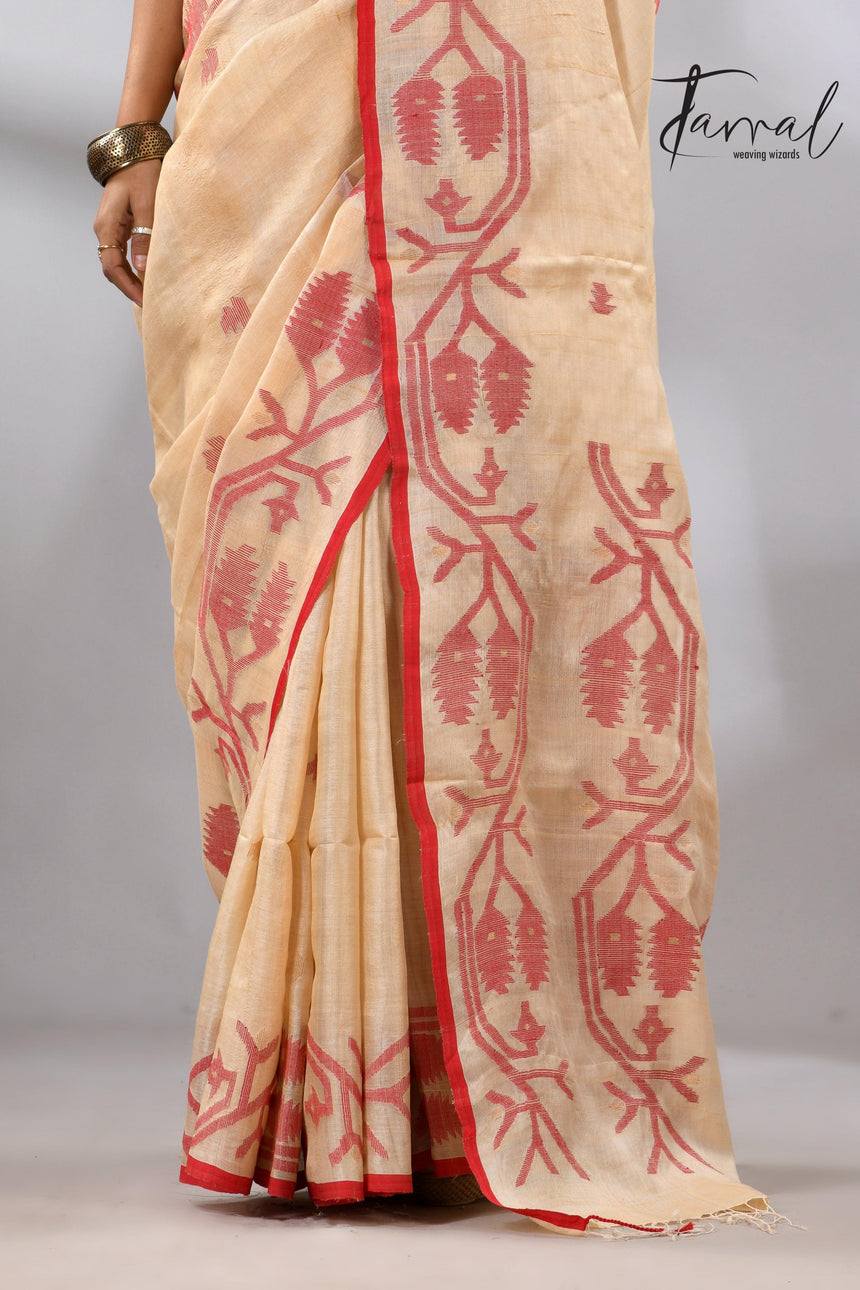 Muga with red border Tussar silk handwoven needle work jamdani saree - Tamal Boutique