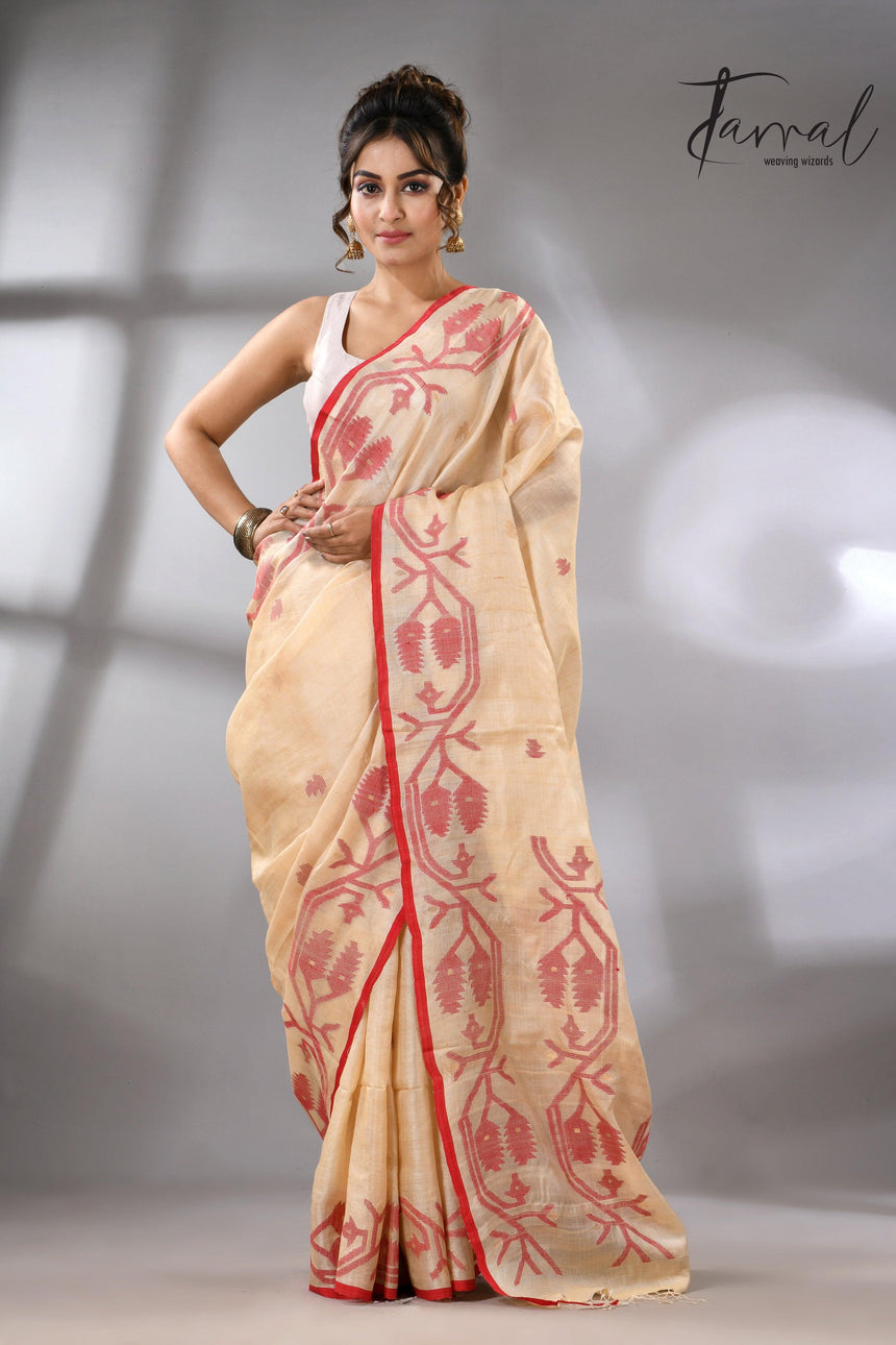 Muga with red border Tussar silk handwoven needle work jamdani saree - Tamal Boutique