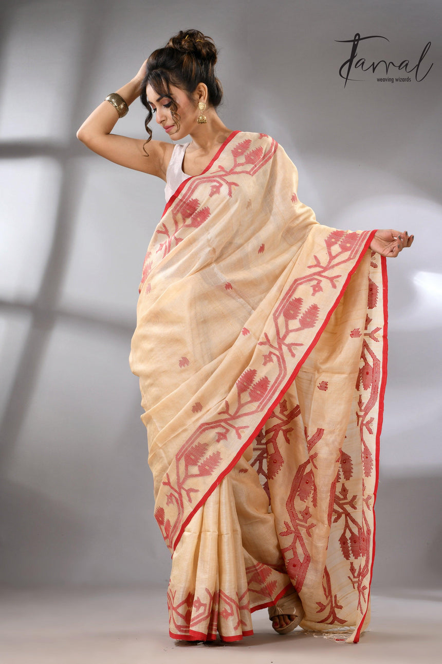 Muga with red border Tussar silk handwoven needle work jamdani saree - Tamal Boutique