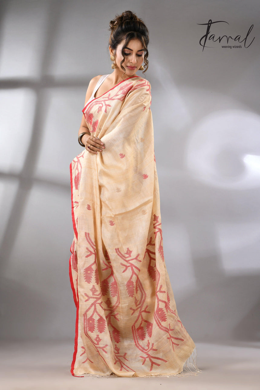 Muga with red border Tussar silk handwoven needle work jamdani saree - Tamal Boutique