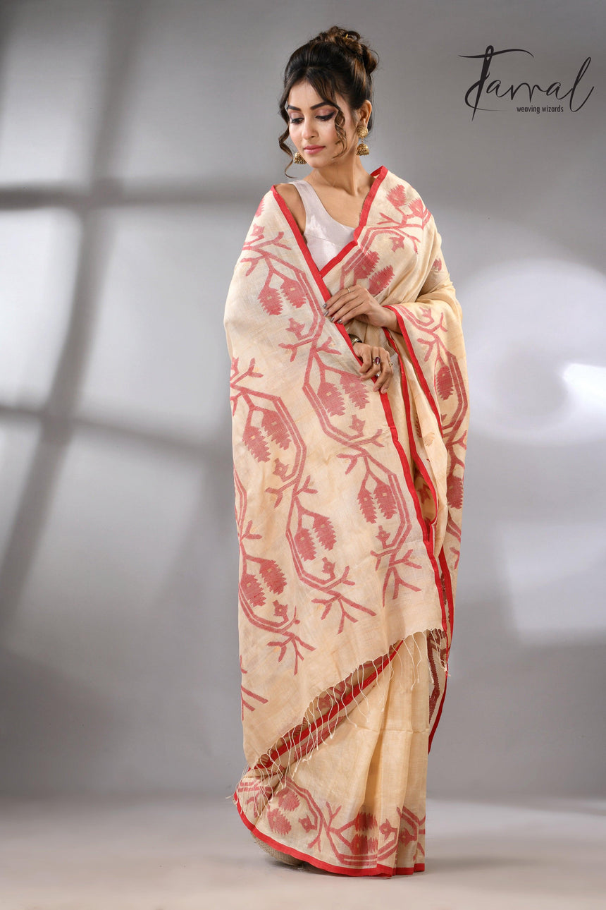 Muga with red border Tussar silk handwoven needle work jamdani saree - Tamal Boutique