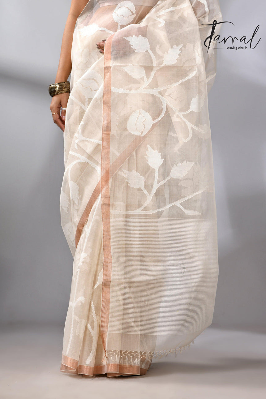 White self allover rose motifs muslin silk handwoven jamdani saree - Tamal Boutique