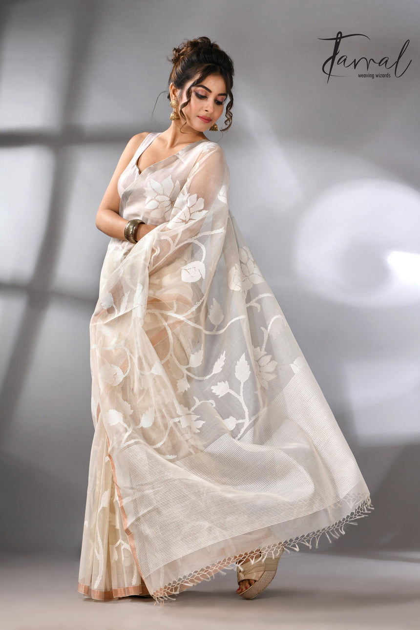 White self allover rose motifs muslin silk handwoven jamdani saree - Tamal Boutique