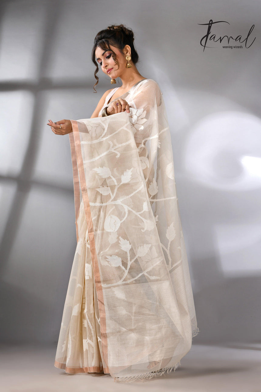 White self allover rose motifs muslin silk handwoven jamdani saree - Tamal Boutique