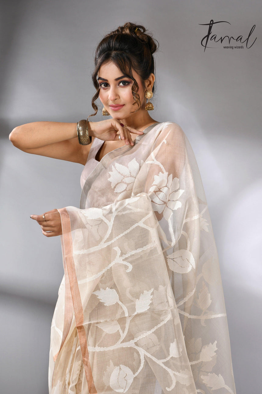 White self allover rose motifs muslin silk handwoven jamdani saree - Tamal Boutique