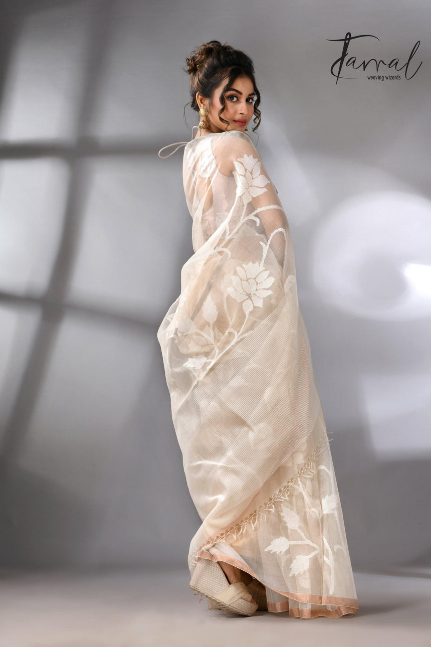 White self allover rose motifs muslin silk handwoven jamdani saree - Tamal Boutique