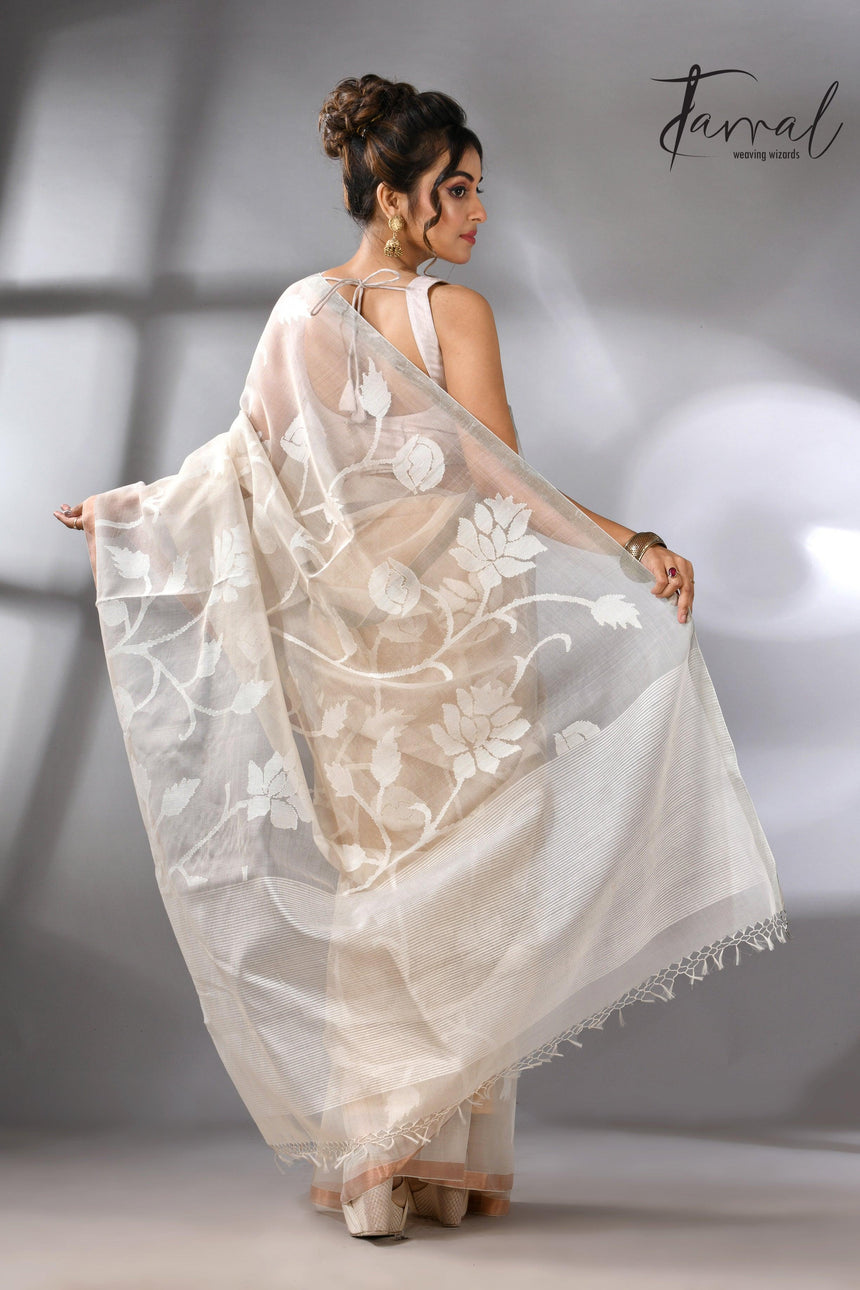 White self allover rose motifs muslin silk handwoven jamdani saree - Tamal Boutique