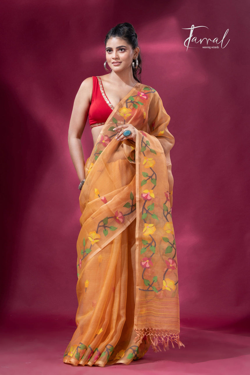 Saffron Floral Splendor muslin silk handwoven jamdani saree