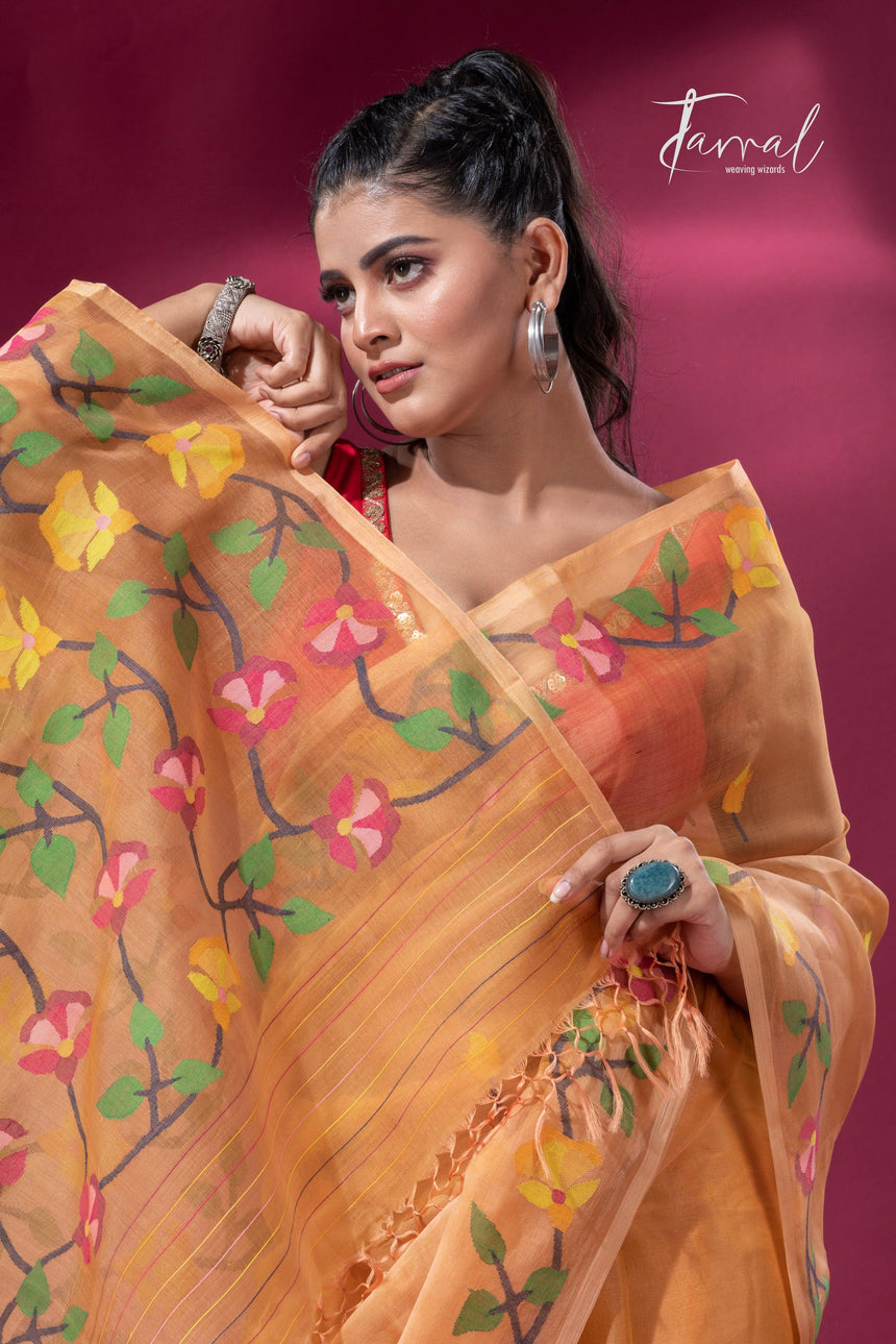 Saffron Floral Splendor muslin silk handwoven jamdani saree1