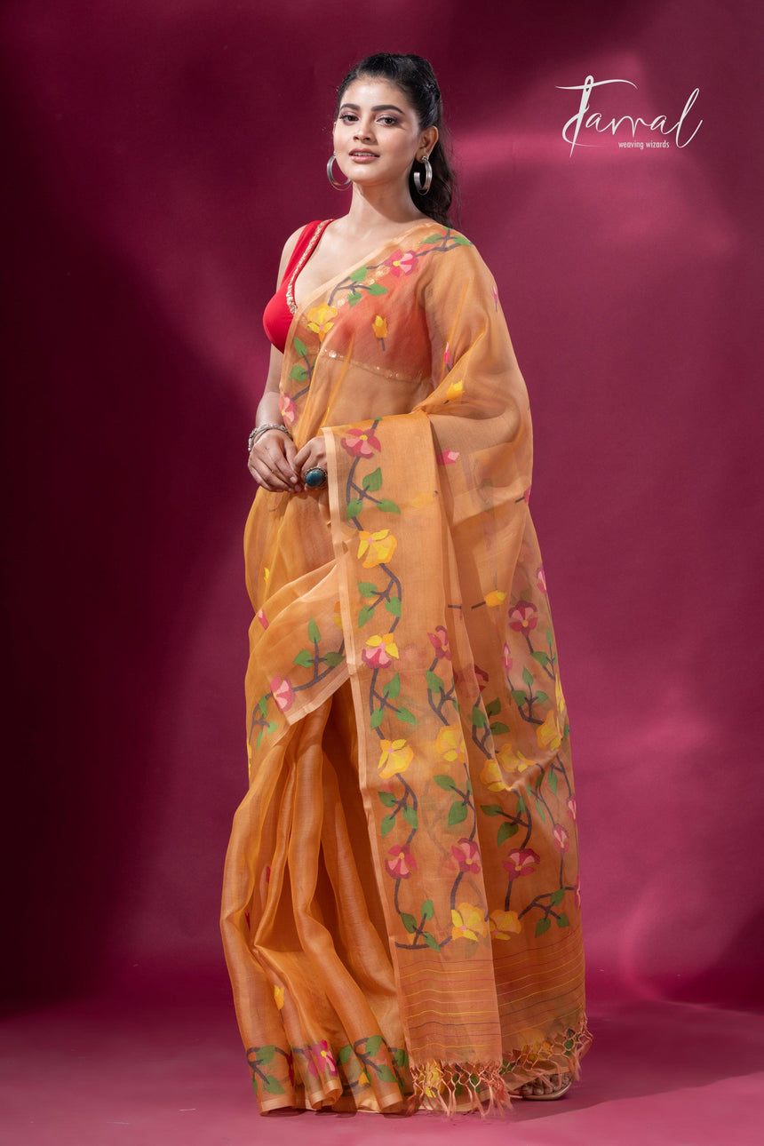 Saffron Floral Splendor muslin silk handwoven jamdani saree2