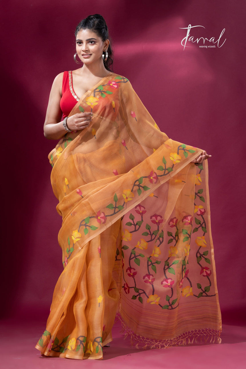 Saffron Floral Splendor muslin silk handwoven jamdani saree4