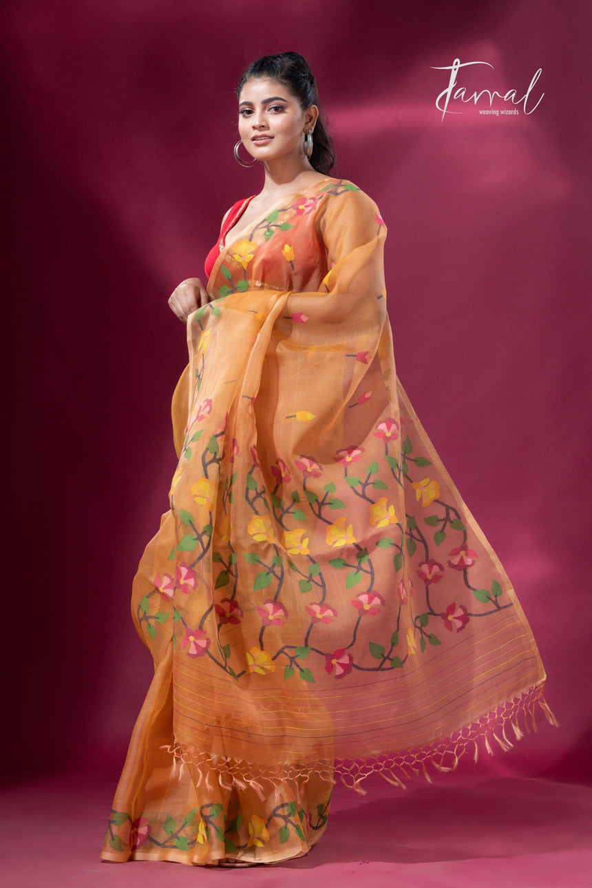 Saffron Floral Splendor muslin silk handwoven jamdani saree5