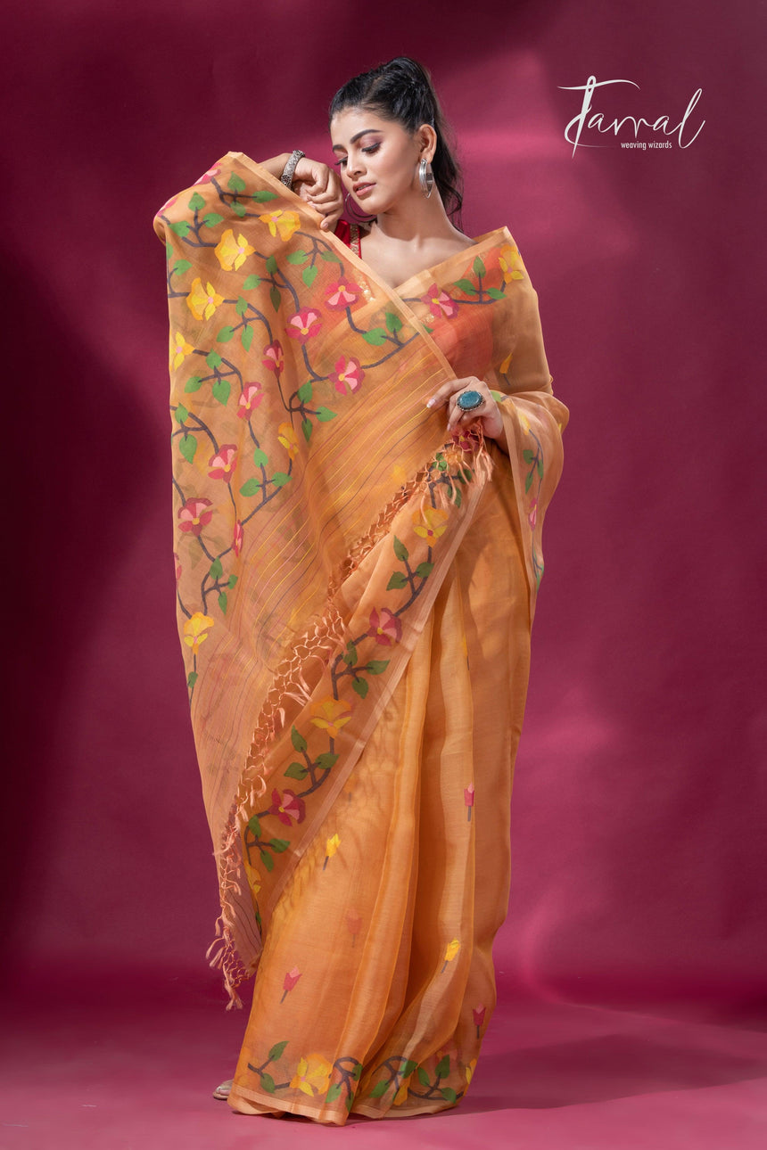 Saffron Floral Splendor muslin silk handwoven jamdani saree6