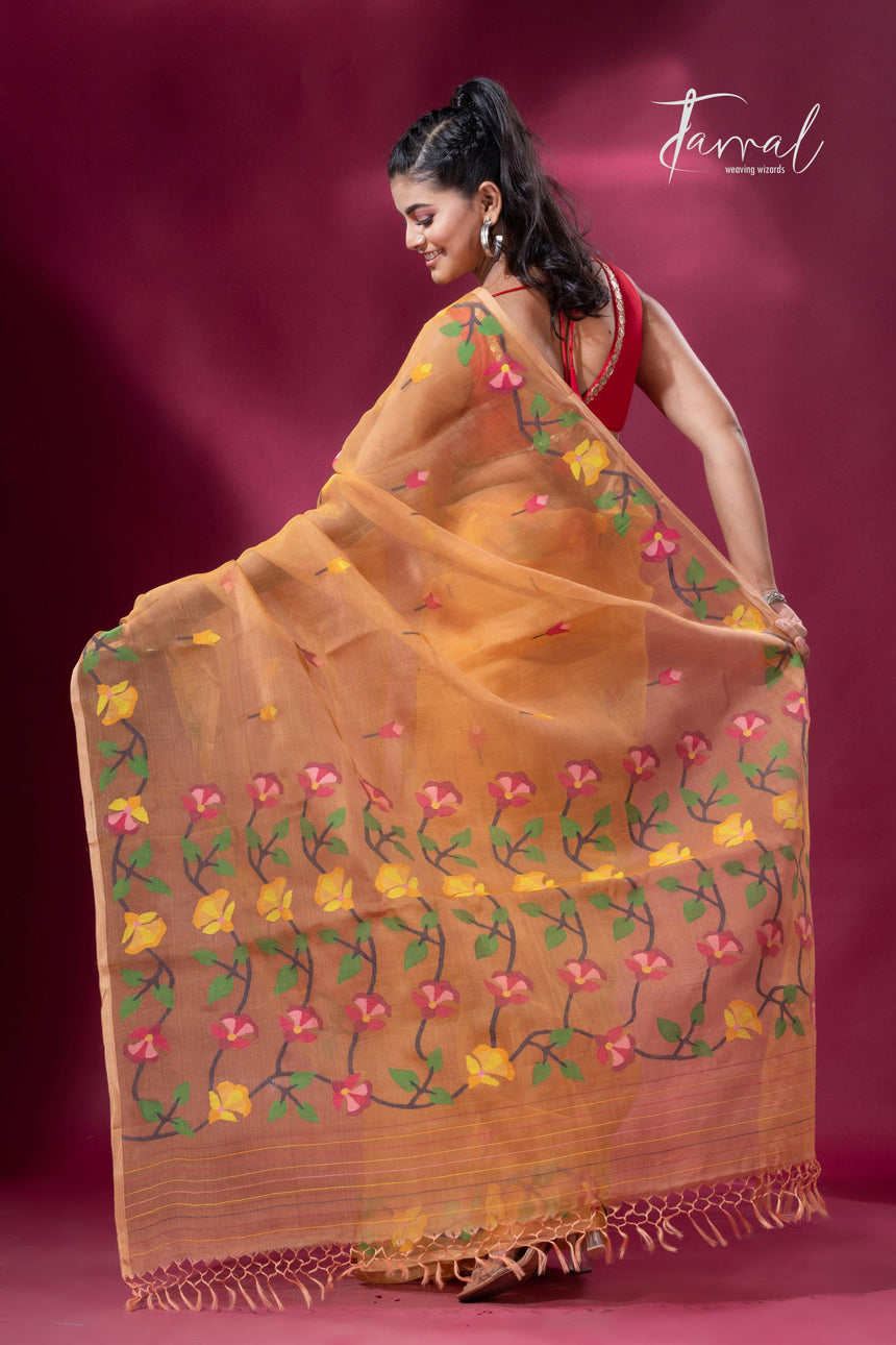 Saffron Floral Splendor muslin silk handwoven jamdani saree back