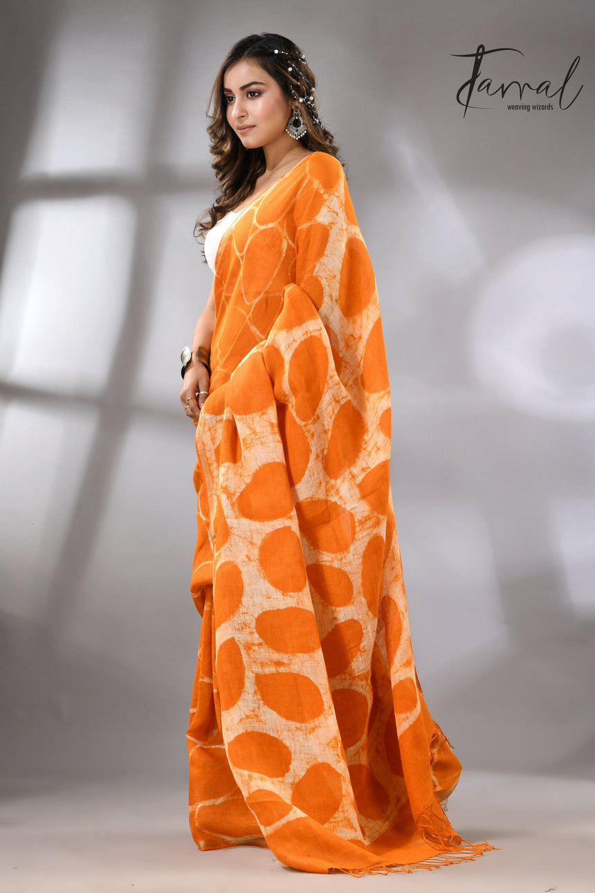Saffron Linen Handcrafted Batik Silk Saree Left