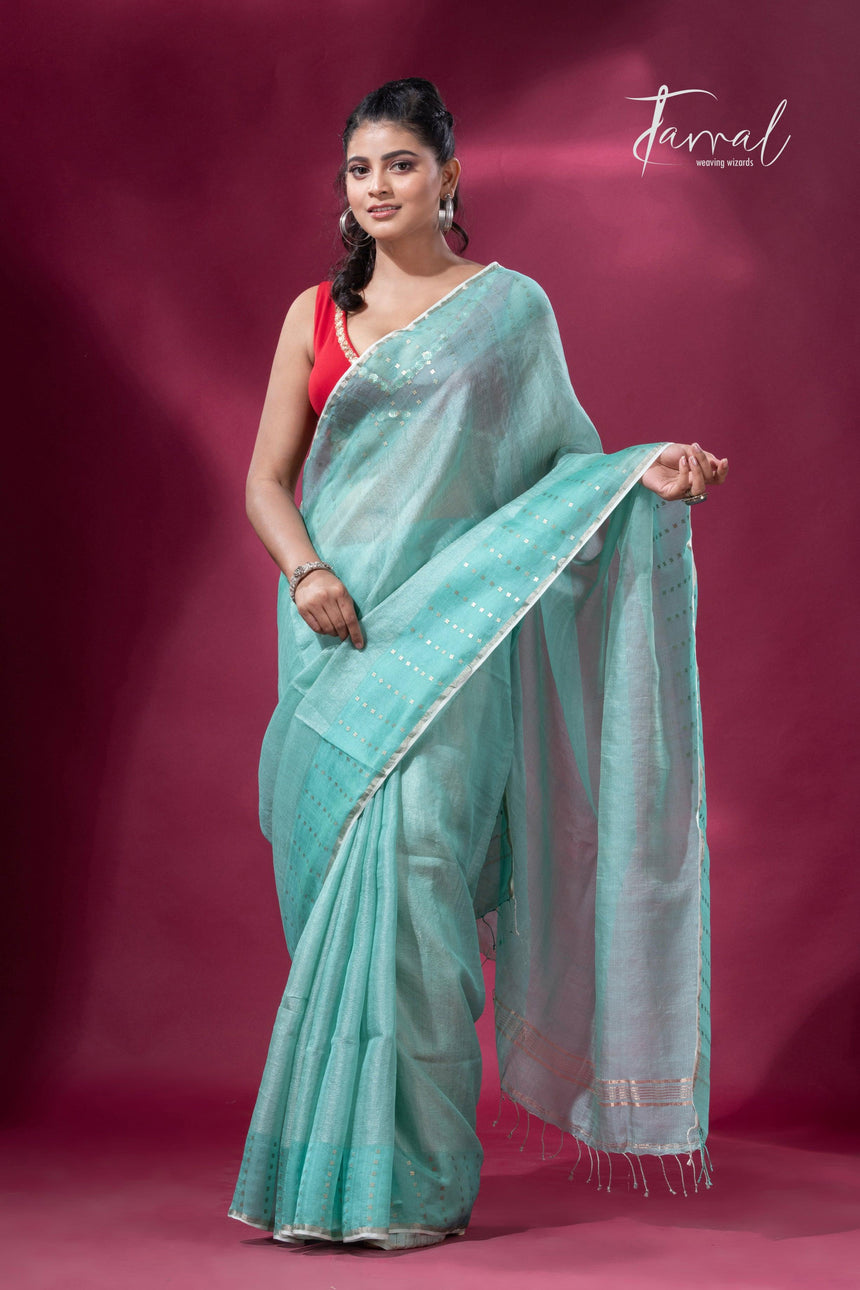 Sea Green sequins border tusser zari silk handloom saree
