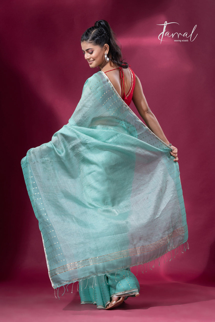 Sea Green sequins border tusser zari silk handloom saree back