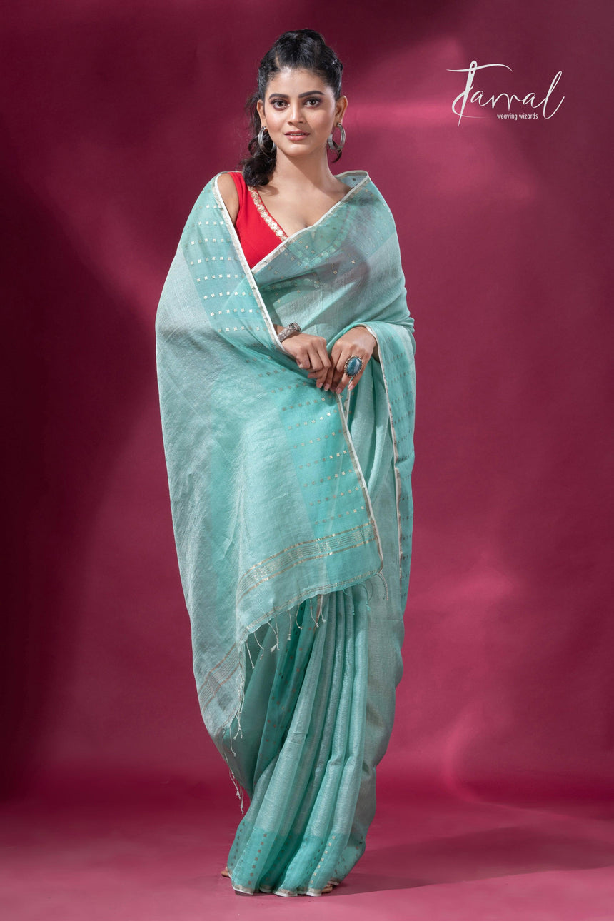 Sea Green sequins border tusser zari silk handloom saree full