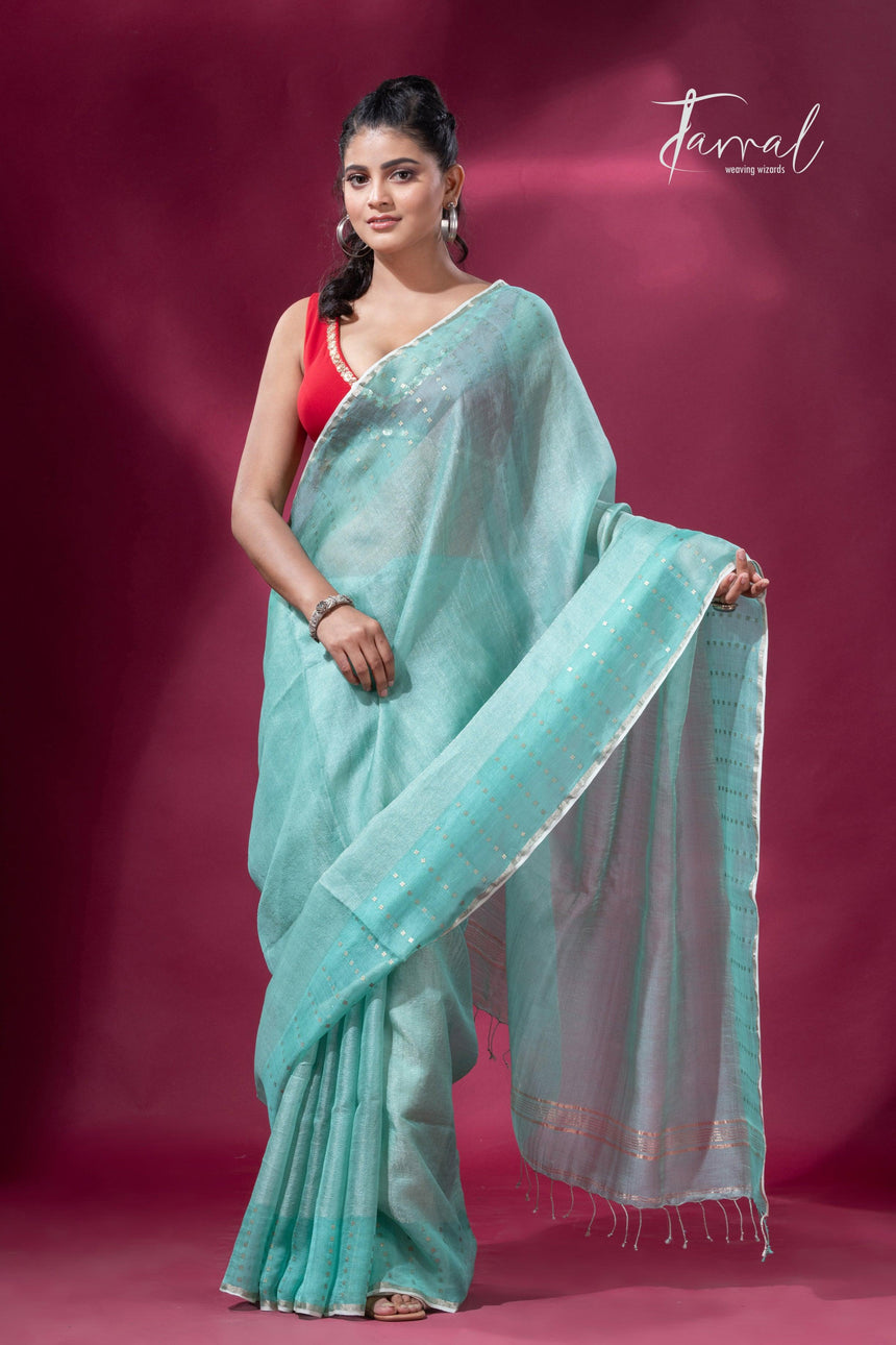 Sea Green sequins border tusser zari silk handloom saree left