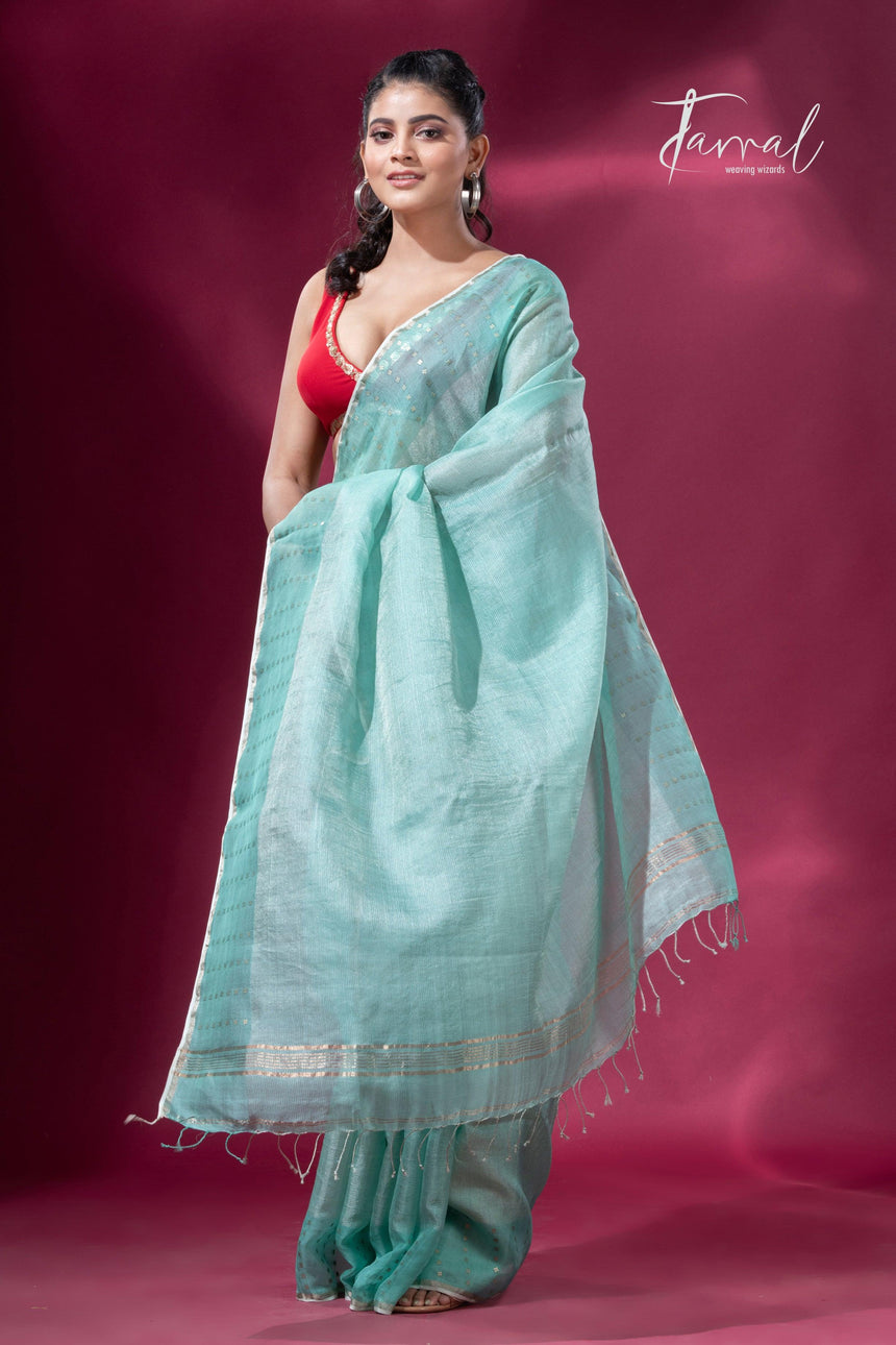 Sea Green sequins border tusser zari silk handloom saree right