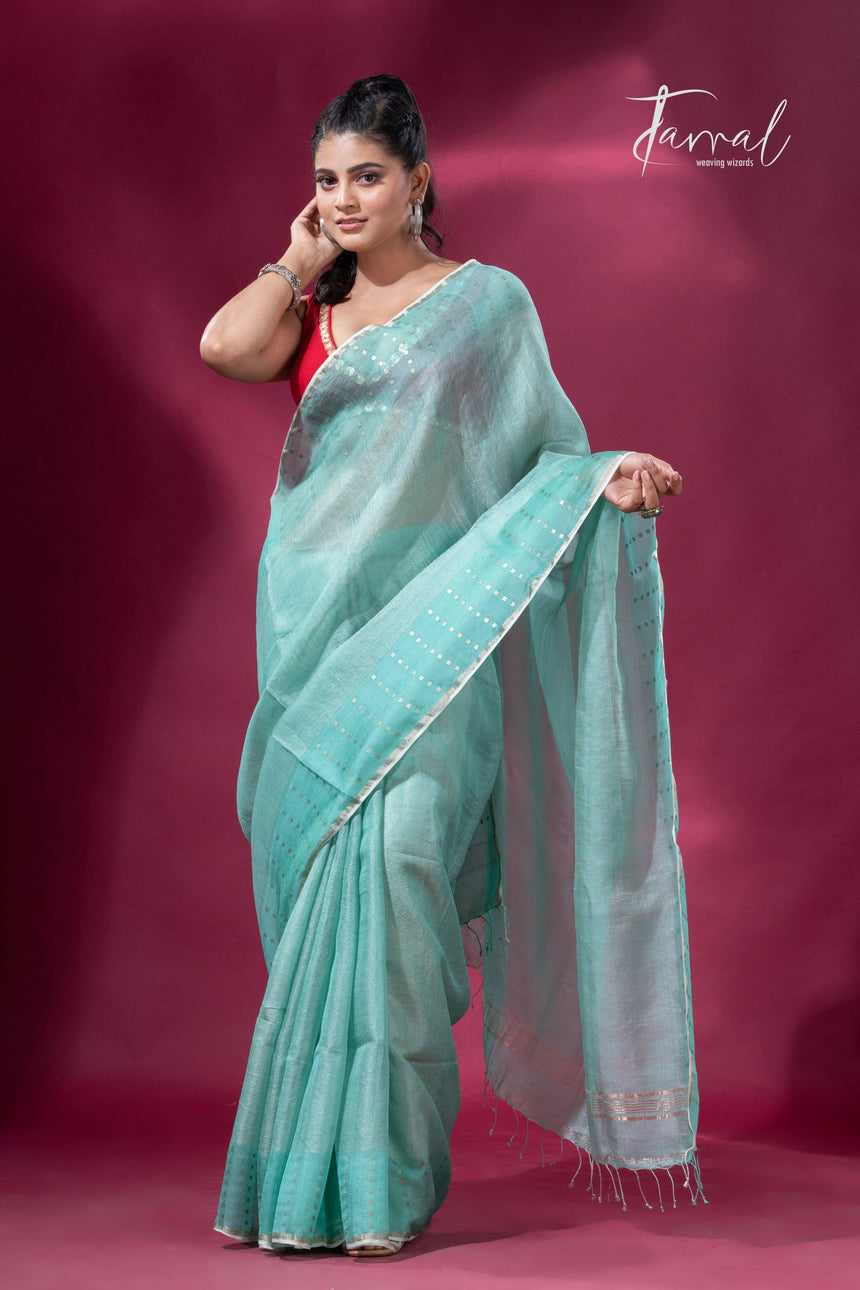 Sea Green sequins border tusser zari silk handloom saree full1