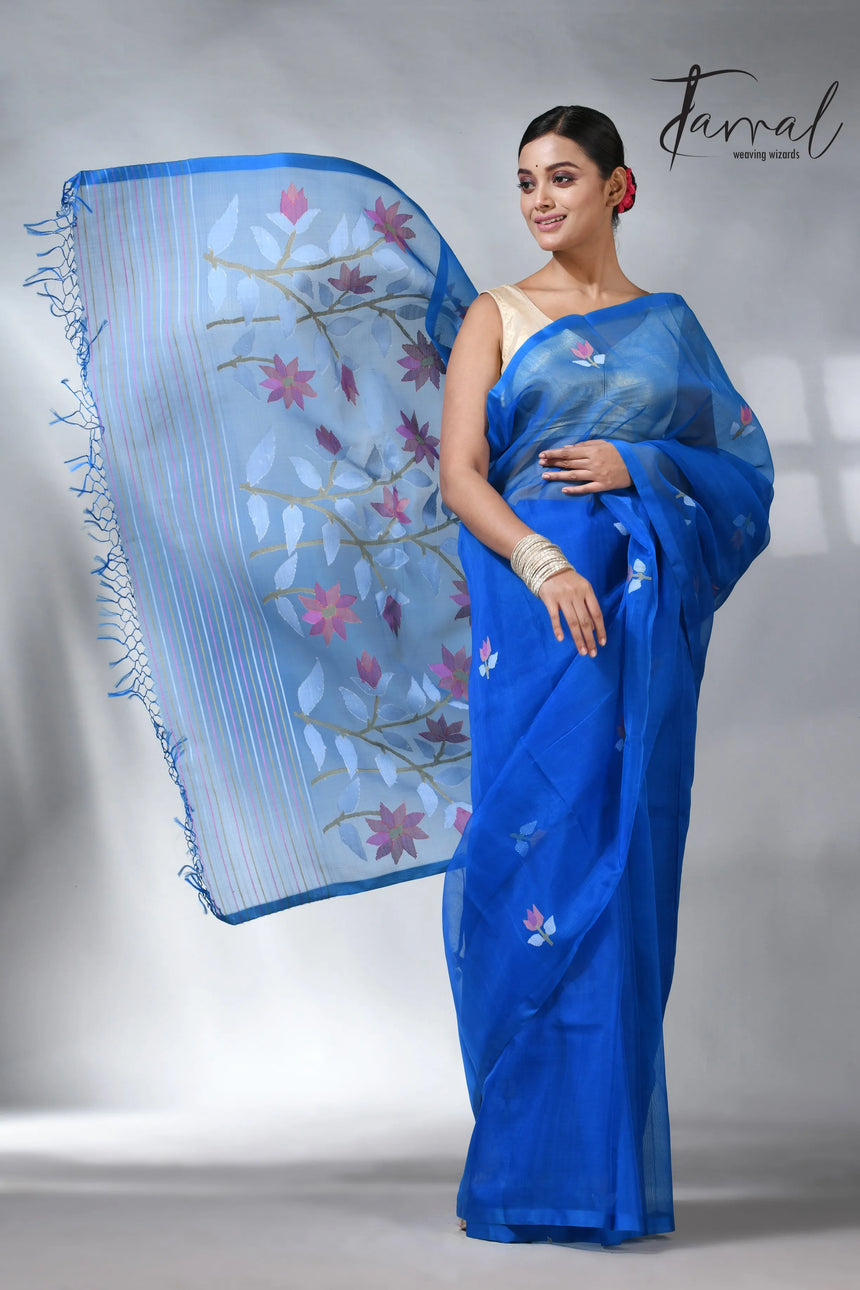 Sea blue colour in floral muslin silk handwoven jamdani saree