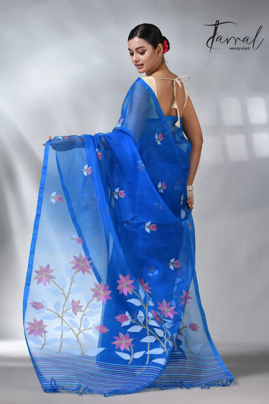 Sea blue colour in floral muslin silk handwoven jamdani saree