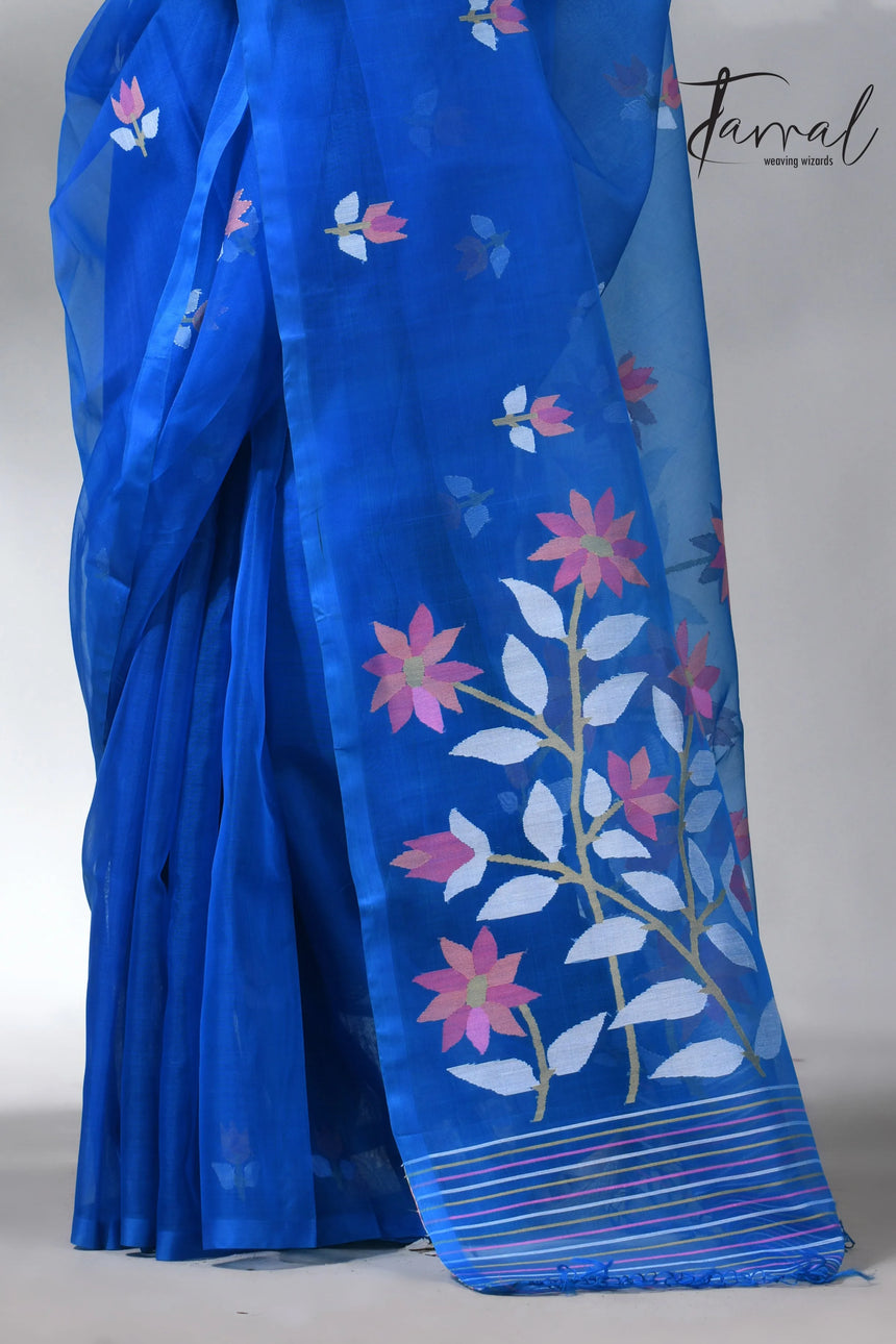 Sea blue colour in floral muslin silk handwoven jamdani saree