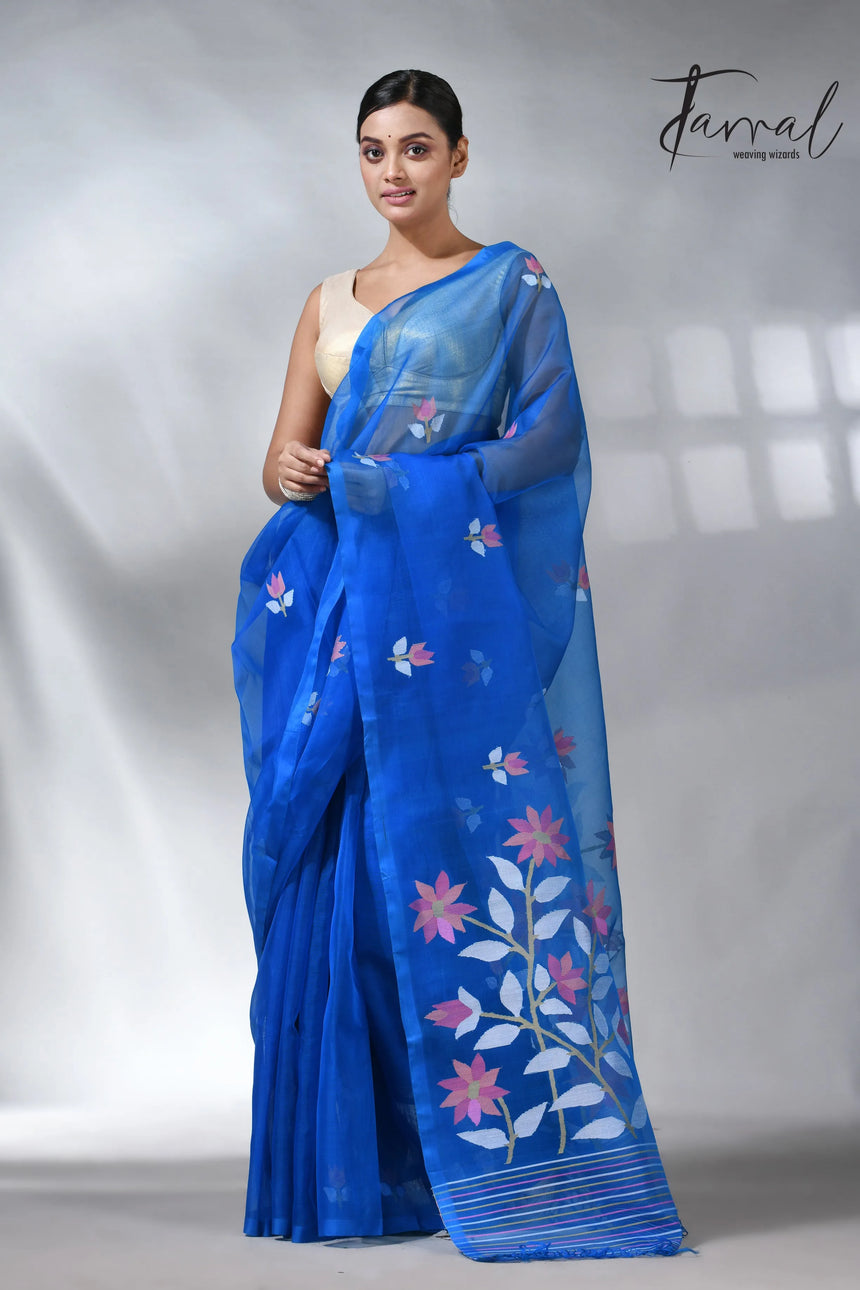 Sea blue colour in floral muslin silk handwoven jamdani saree
