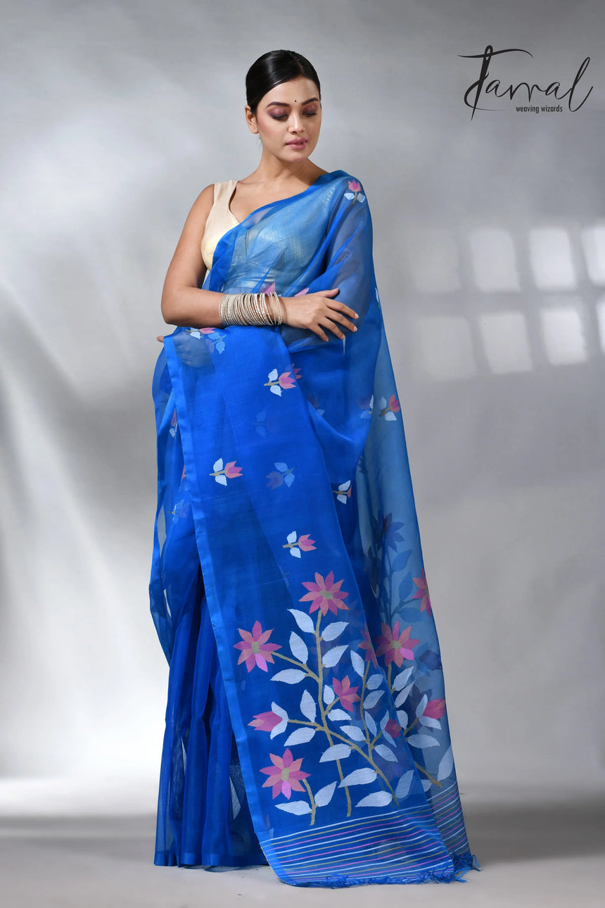 Sea blue colour in floral muslin silk handwoven jamdani saree