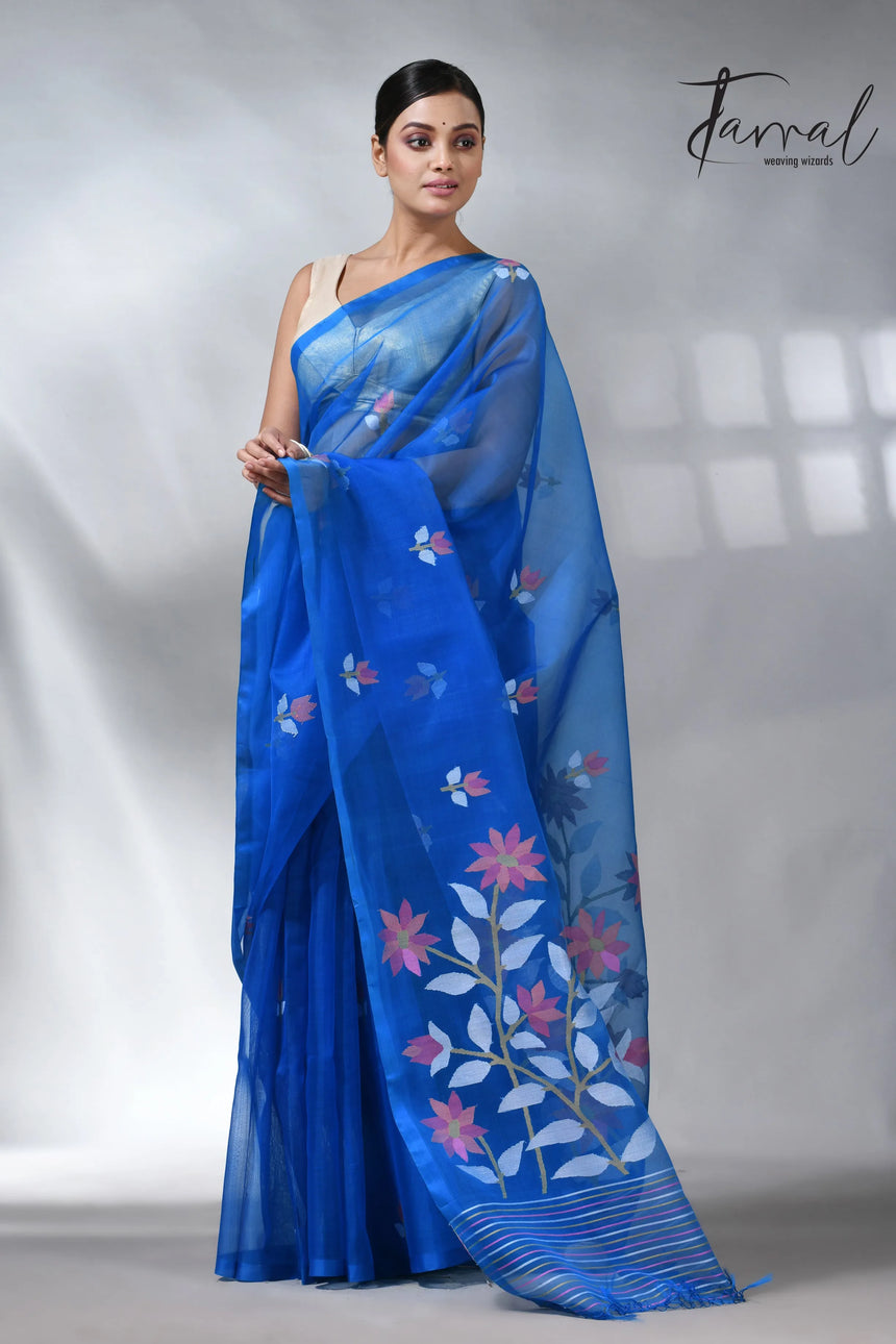 Sea blue colour in floral muslin silk handwoven jamdani saree