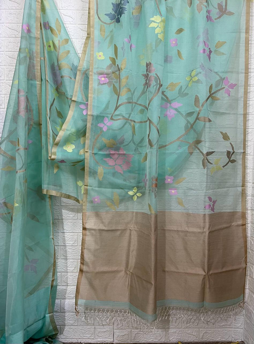Sea green with multi colour allover floral muslin silk handwoven jamdani saree - Tamal Boutique