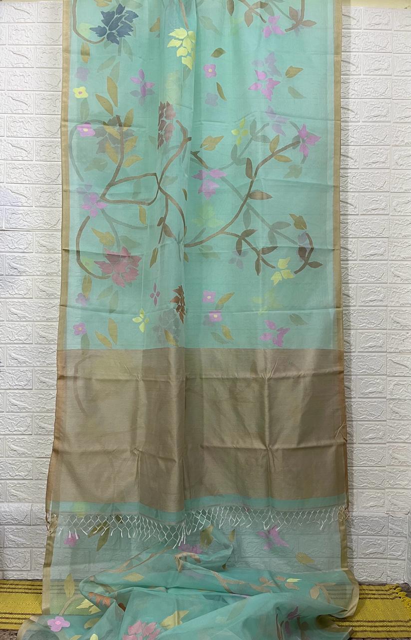 Sea green with multi colour allover floral muslin silk handwoven jamdani saree - Tamal Boutique