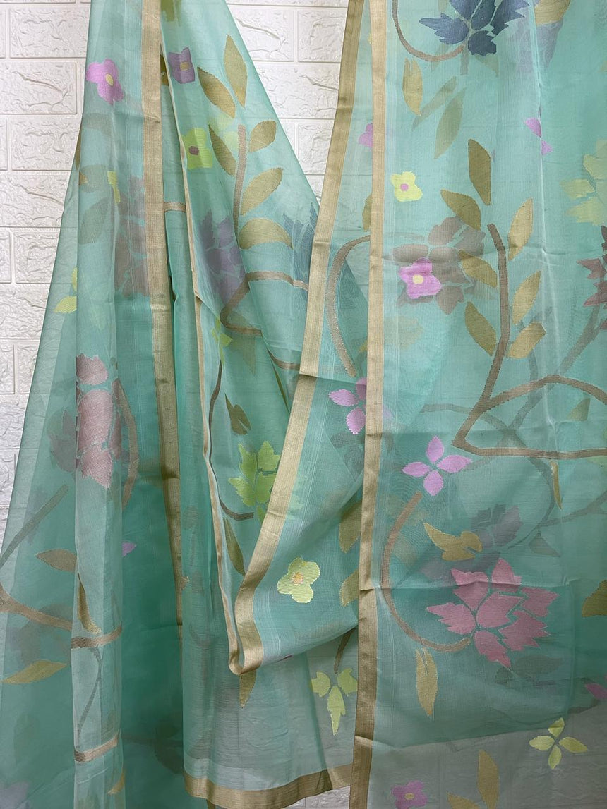 Sea green with multi colour allover floral muslin silk handwoven jamdani saree - Tamal Boutique