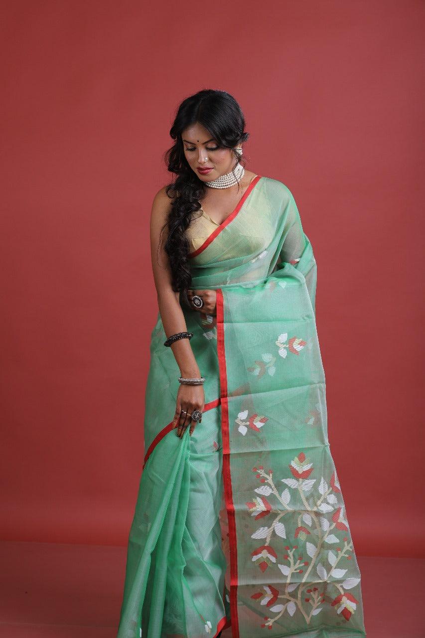 Dark sea green with red border floral motifs handwoven muslin silk jamdani saree - Tamal Boutique
