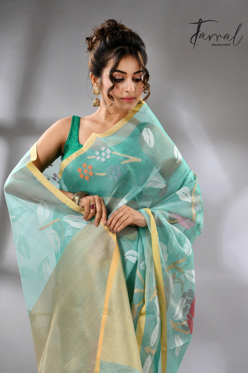 Sea green handwoven needle work jamdani saree_Close_up