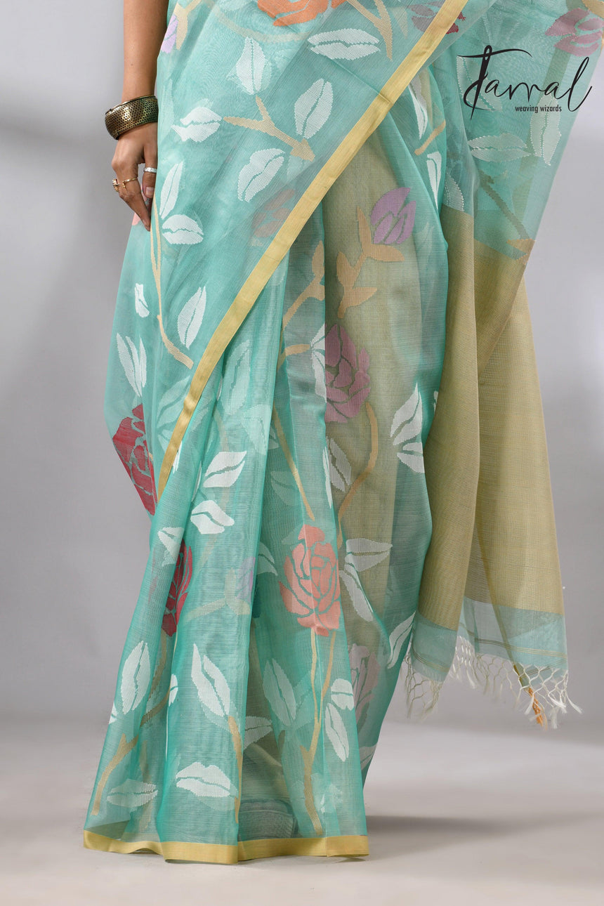 Sea green handwoven needle work jamdani saree_Close_up2