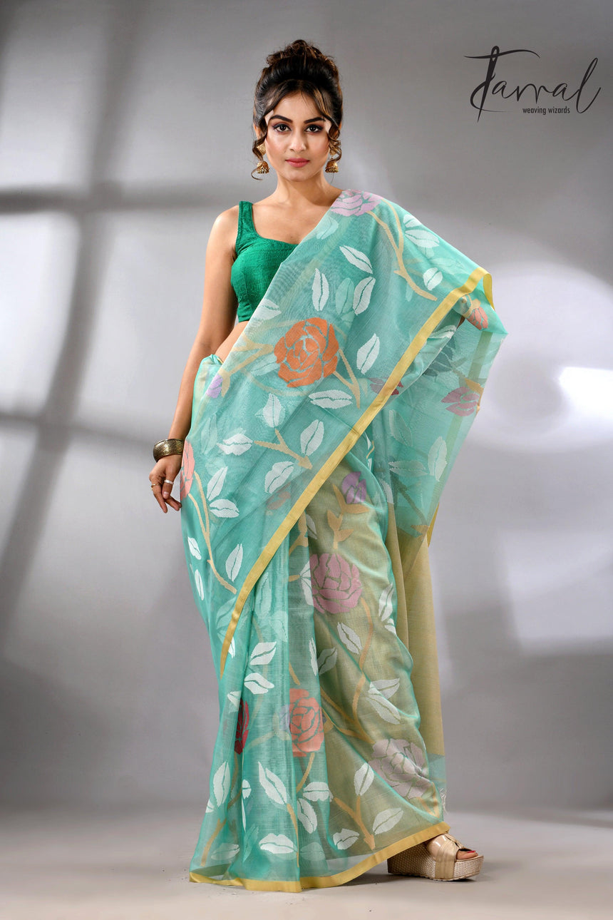 Sea green handwoven needle work jamdani saree_Front2