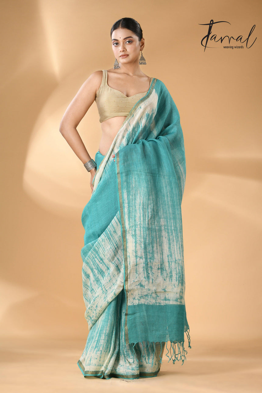 Sea green with white linen handcrafted batik saree