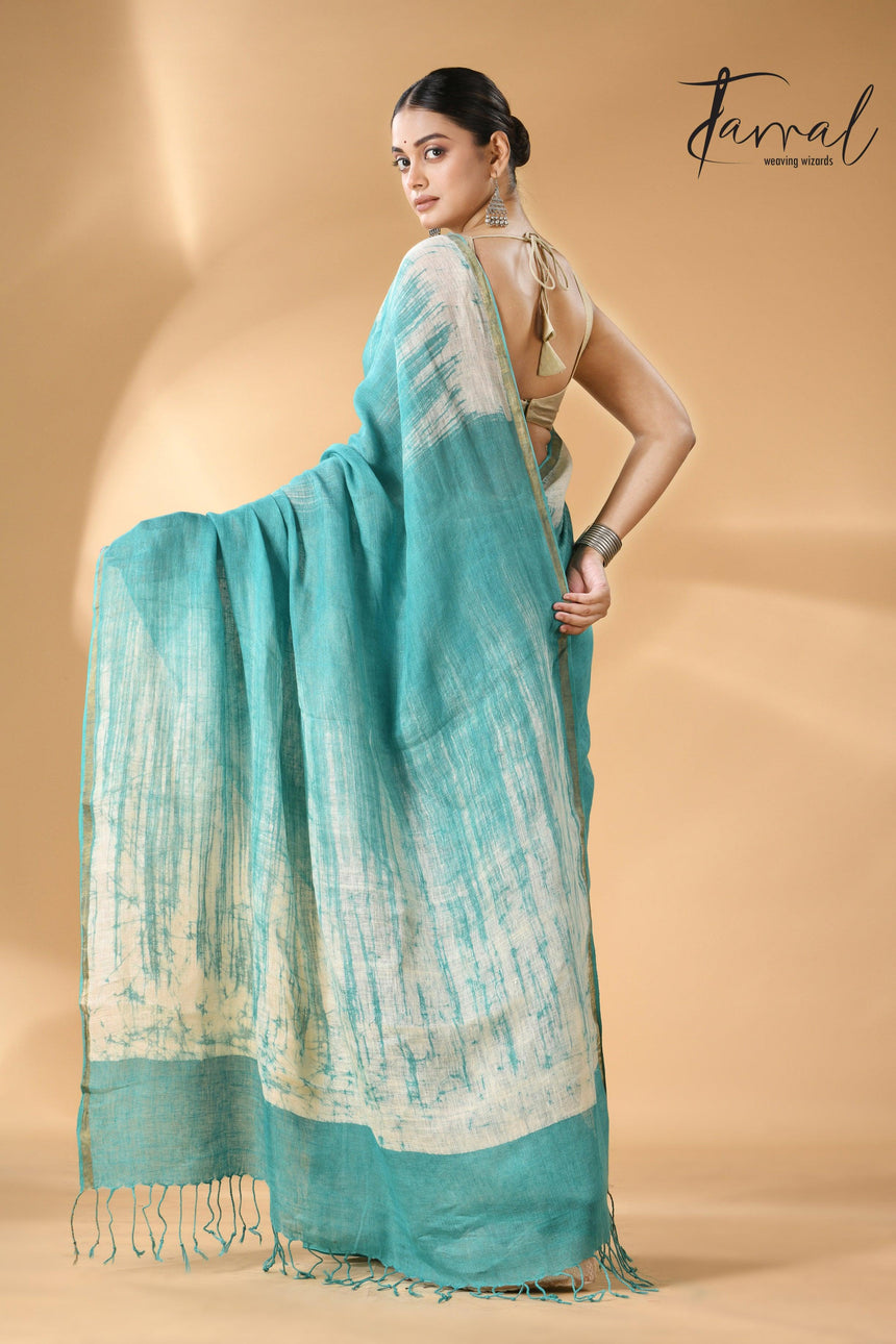 Sea green with white linen handcrafted batik saree back
