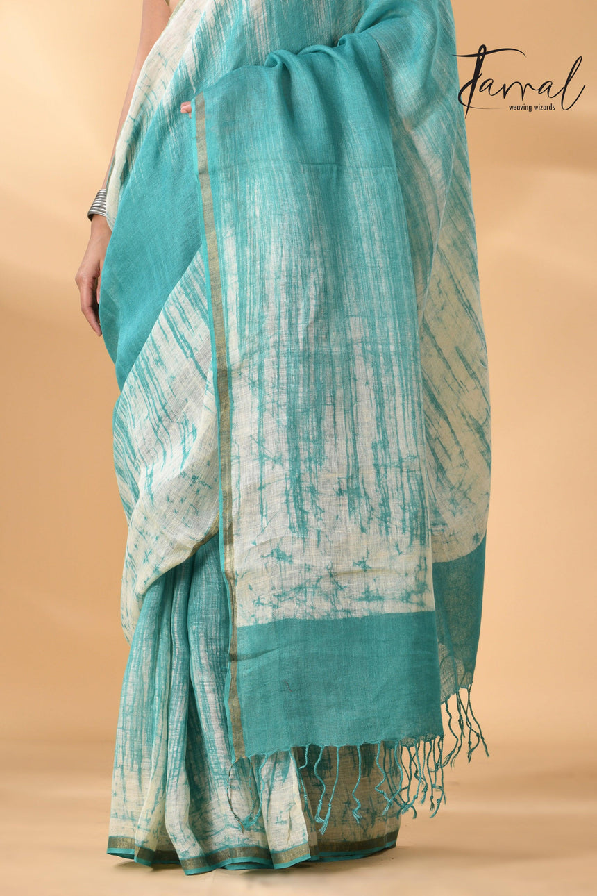 Sea green with white linen handcrafted batik saree bottom