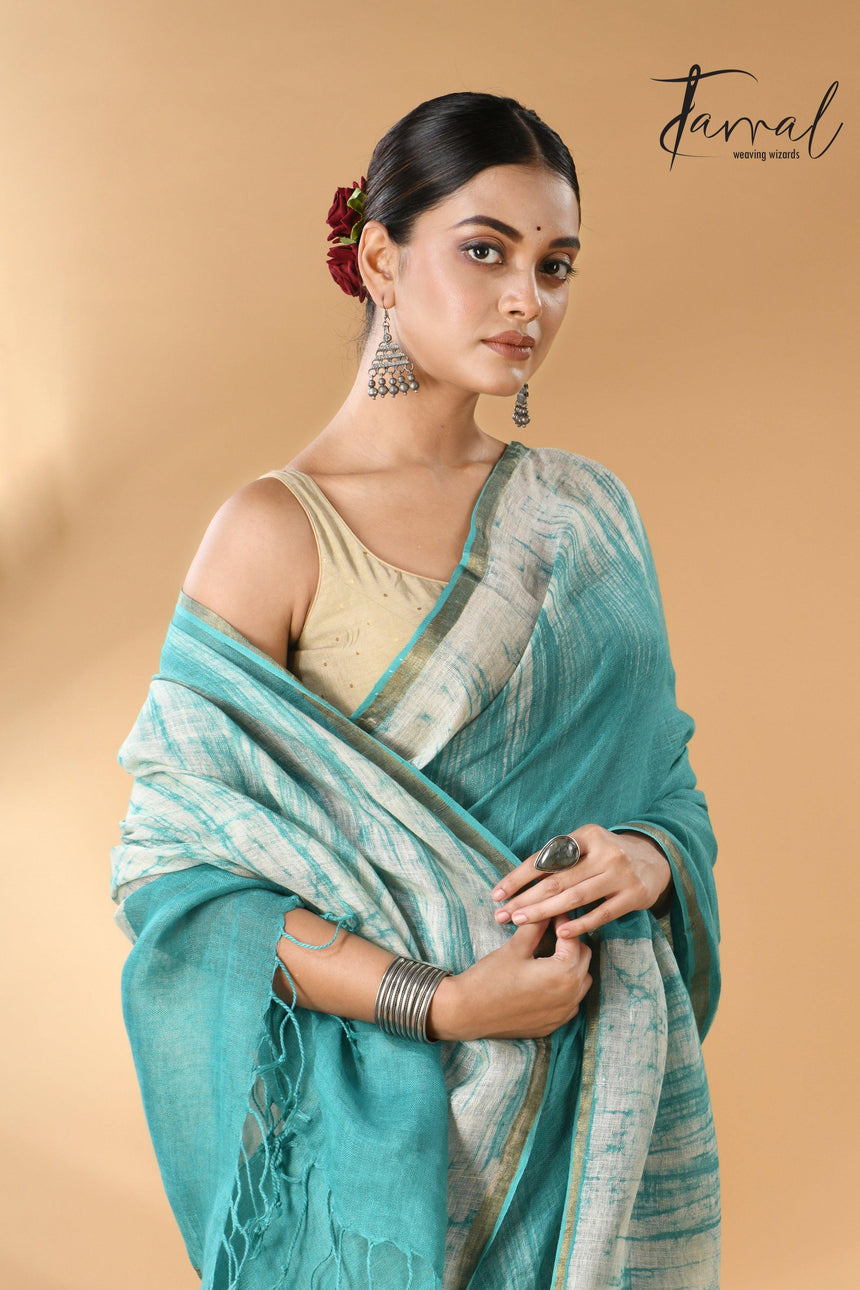 Sea green with white linen handcrafted batik saree cl