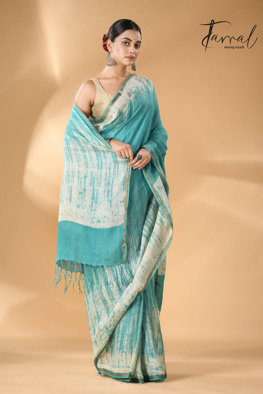 Sea green with white linen handcrafted batik saree lft2
